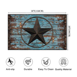 Western Area Rug 3x5,Rustic Barn Texas Star on Old Wooden Plank,Ultra-Thin Washable Throw Carpet Teal Rugs for Bedroom Indoor Vintage Rugs Non Slip Accent Floor Carpets for Entryway,Living Room,Office