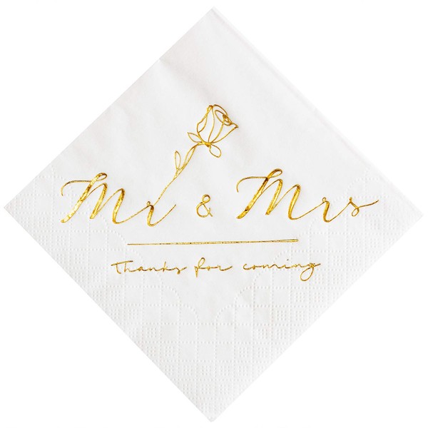 Crisky Servilletas de cóctel de oro con texto en inglés "Mr Mrs" para decoración de boda, recepción, servilletas desechables de postre, suministros de fiesta, 3 capas, 100 unidades