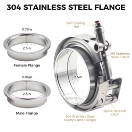 2.5 Inch V Band Clamp Kits - 2 Set Quick-Release Clamp with Male/Female Flanges, 304 Stainless Steel, Leak-Resistant Interlocking Design for Exhaust, Turbo, Downpipe, Intercooler Piping (2, 2.5in)