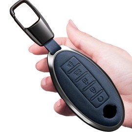 Leather Key Fob Cover with Keychain Compatible with Altima Pathfinder Armada Murano Maxima Rogue Infinity Smart Key Remote 5 Button(H-Blue)