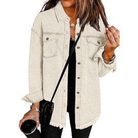 Vetinee Women's Oversized Boyfriend Cannoli Cream Front Button Up Frayed Raw Hem Long Sleeve Pockets Denim Jean Jacket Shacket Large Size 12 Size 14