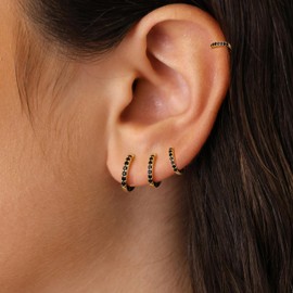 Gokeey Gold Earrings Set for Women, 14K Gold Plated Cubic Zirconia Hoop Earrings Set Sterling Silver Post Small Huggie Earrings for Women (Black, Yellow Gold)