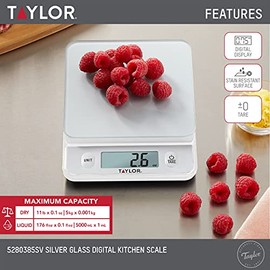 Taylor Glass Top Food Scale with Touch Controls, 11 lb Capacity, Sleek Silver Design, Accurate and Easy-to-Use Scale for Cooking and Baking