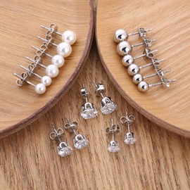 9 Pairs Studs Set: 4mm 5mm 6mm Gold and Silver Pearl Cubic Zirconia Ball Studs Multiple Earrings Pack for Women (Silver)