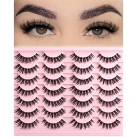 FARRED Cat Eye Lashes False Eyelashes Short Wispy Lash Strips Volume Eyelash 14 Pairs Cateye Medium Length False Clear Band Lashes Natural Looking Hybrid Clusters Full Strip Lashes (F29 | 7-14mm)