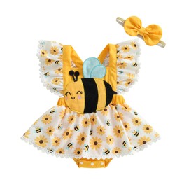 Baby Girl Clothes Newborn Onesie Ruffle Romper Dress Ruffled Sleeve Animals Bodysuit Jumpsuit Summer Outfit (Yellow bee, 3-6 Months)