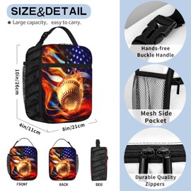 SENROLAN Baseball American Flag Insulated Lunch Bag Baseball Sport Lunch Box Lunch Tote Cooler Reusable Lunch Pail Adjustable Shoulder Strap and Side Pocket Outdoors Meal Bag For Women Men