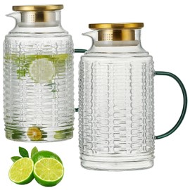 Buaic Glass Pitcher with Lid, 2 PACK 84 oz/2.5L Liter Vintage Water Pitcher, Clear Borosilicate Glass Water Carafe for Cold Brew, Coffee, Lemonade, Iced Tea,Beverage, Heat Resistant Water Glass Jug