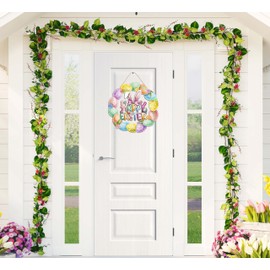 Easter Decoration Wooden Door Wreath for Front Door Sign Cute Bunny Flower Eggs Wooden Door Hanger Rabbit Spring Decoration Happy Easter Welcome Hanging Sign for Outdoor Indoor Wall Home Decor