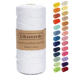 Likeecords Macrame String, 3 mm x 100.5 Metres, Coloured Macrame Rope, Cotton Rope, Macrame Yarn, Colourful Cotton Craft Cord for Hanging, Plant Hangers, Crafts, Knitting (Pure White)
