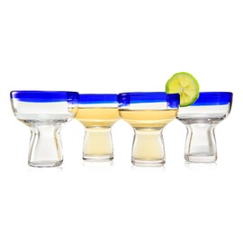 Mexican Hand Blown Blue Rim Margarita Glasses - Set of 4 - Stemless Glass Luxury Hand Blown Mexico Margarita, Martini & Champagne Glasses Cinco de Mayo Glass, Large Party Cobalt Mexico Blue Rim Design