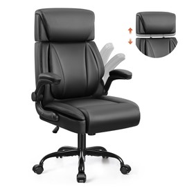 BestGlory Leather Office Chair, Big and Tall Office Chair Executive Breathable PU Computer Chair with Lumbar Support, High Back Home Office Desk Chair with Flip-up Armrests, Adjustable Headrest