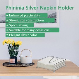 Phininia Napkin Holder for Table, Modern Flat Napkin Dispenser for Kitchen and Dining, Paper Napkin Holders with Weighted Arm for Easy Access, Kitchen Decor and Accessories, Dining Table Decor, Silver
