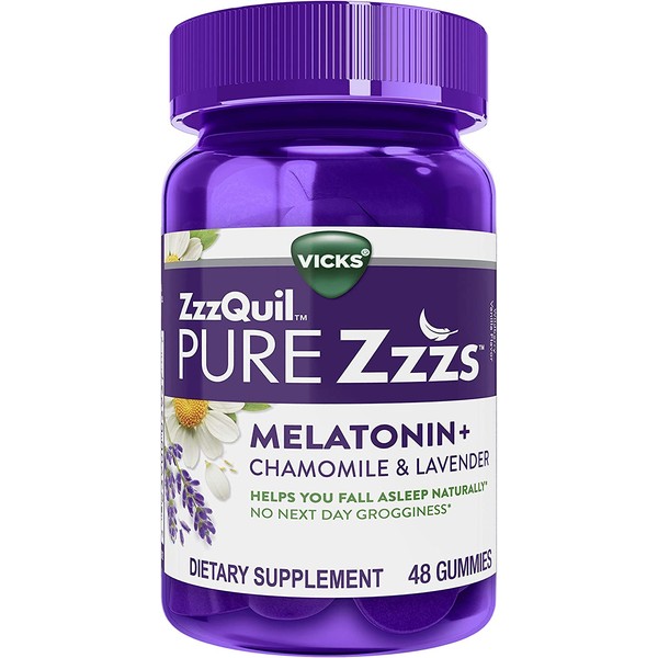 ZzzQuil PURE Zzzs, Melatonin Sleep Aid Gummies with Lavender, Valerian Root and Chamomile, Natural Wildberry Vanilla Flavor, Non-Habit Forming, Drug-Free, 48 Gummies
