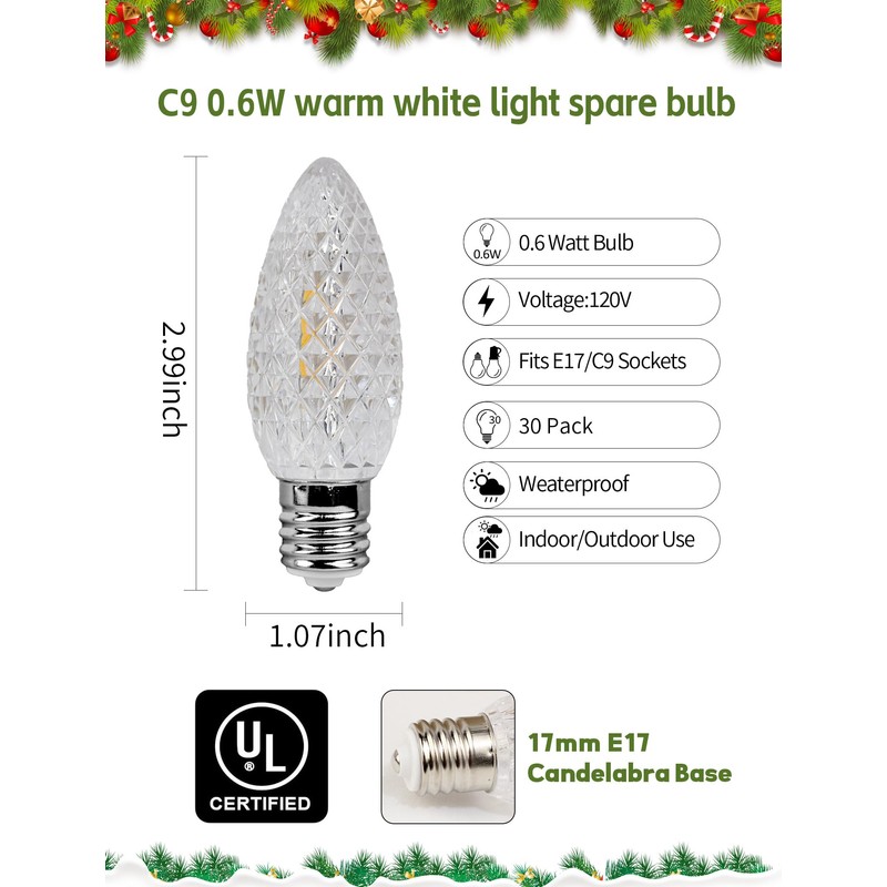 Adirxon 30-Pack Faceted C9 LED Replacement Bulbs, Warm White, Shatterproof