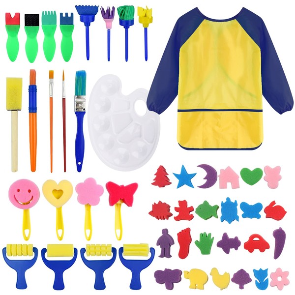 Painting Set for Children, 47 Pieces, Sponge Brush Tool, Children, Non-Toxic and Washable, Children's Toy, DIY Painting with Waterproof Apron