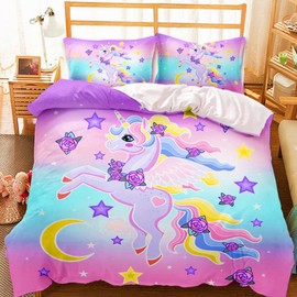 AOXHFNVUnicorn Girls Pink Bed Linen Set 135 x 200 cm Cute Unicorn Star Moon Pattern Duvet Cover Unicorn Bedding for Children, Boys and Girls (Pink, 135 x 200 cm)