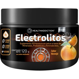 HEALTHADDICTION Polvo de Electrolitos con BCAA’s Prebióticos y Vitaminas B – Sin Azúcar ni Calorías – Hidratación y Recuperación – Sabor Naranja – Fórmula Baja en Sodio y Libre de Gluten – 120g
