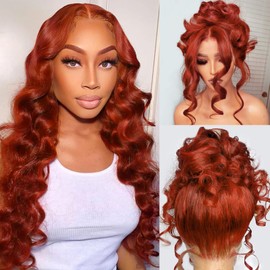 Reddish Brown Lace Front Wigs Human Hair Colored Body Wave 360 Lace Front Wig 180% Density 33# Ginger Red Lace Frontal Wigs Human Hair Pre Plucked Reddish Orange Glueless Wigs Human Hair for Women