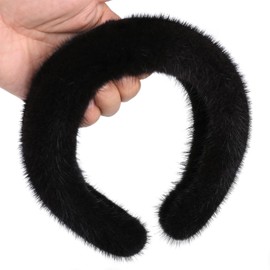 Women's Genuine Mink Fur Hairband, Real Fur Makeup Headband, Lady Luxury Hair Accessory (Black, One Size)