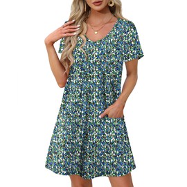 OFEEFAN Spring Dresses for Women 2025 Beach Fashion Loose V Neck T Shirts Casual Short Sleeve Dress Sundresses with Pockets Trendy Floral 07 S