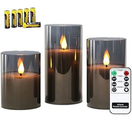 Rhytsing 3 Velas led de Cristal Gris con Mando para Navidad, Velas a Pilas con Temporizador Decorativas Grandes, Altura 10cm / 12,5cm / 15cm (Gris)