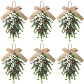 6 Pcs Artificial Christmas Teardrop Swag 18" Green and White Frosted Greenery Teardrop Wreath with Pine Cones Berry Clusters Burlap Bow Ribbon for Xmas Front Door Table Mantle Fireplace Decor