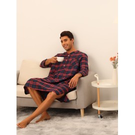 Lars Amadeus Red Blue Plaid Nightshirts for Men's Henley Sleepwear Checked Nightgown Long Pajamas Medium