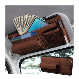 Car Sun Visor Organizer, Car Visor Pocket Wallet Pouch Holder, Vehicle Sunshade Glasses Case Storage Bag with Multi-Pocket Net Zipper, Auto Interior Accessories Universal for SUV Truck Van (Brown)