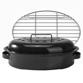 15.4” Turkey Roasting Pan With Rack and Lid, Enamel Carbon Steel Roaster Pan with Lid, Roast Pan For Turkey, Chicken, Vegetables, Casserole, Lasagna, Sourdough Bread