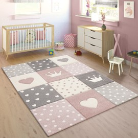 Kid's Rug Pastel Colors Checked Dots Hearts Stars White Grey Pink, Size:Ø 3'11" Round