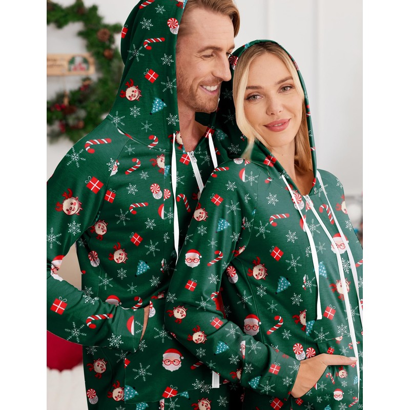 Ekouaer Christmas Onesie Zipper Hooded Adult Onesie Pajamas Soft Mens
