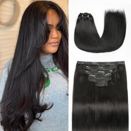 Mocona Clip in Hair Extensions Real Human Hair, Natural Black – 16 Inch 7pcs 140g/Pack, Soft Remy Human Hair Clip in Extensions Straight Capable for all Occasion (#1B 16 Inch)