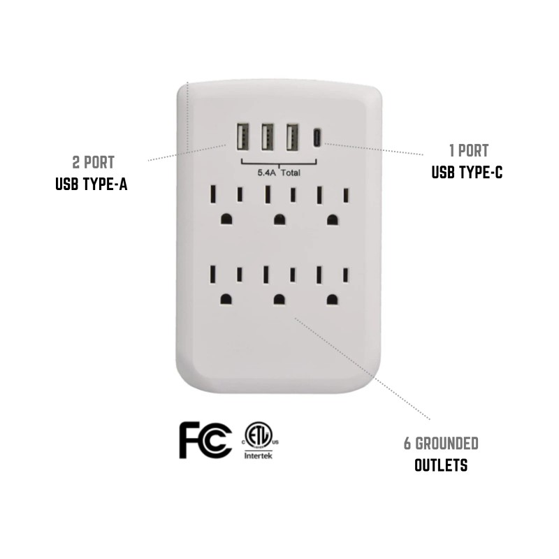 Clear Power CP (2 Pack): 6-outlet Wall-Tap w/ 3-Port USB-A