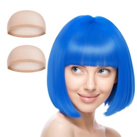 Aomig 3 Pack Short Light Blue Bob Wigs Set with 2 Wig Cap, Neon Fancy Dress Accessory Cosplay Party Wig, Synthetic Straight Wig for Daily Halloween