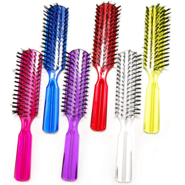 Luxxii (Pack 6) 7.5" Plastic Clear Colorful Handle Nylon Bristles Brushes Hair Comb Designed for All Hair Types (Assort Color_A)