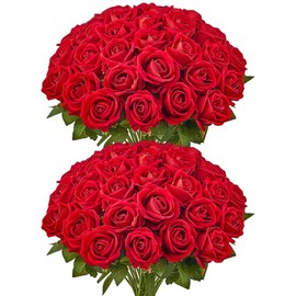 VEVOR Artificial Flowers, 60 pcs Real Looking Red Foam Fake Roses Bulk, Faux Red Bridal Shower with Stems for DIY Wedding Bouquets, Home Centerpieces Arrangements, Party Tables Decorations