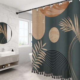 GiuMsi GiuMsi Boho Mid Century Leaf Shower Curtain Set,Arch Sun Design,Minimalistic Leaves Pattern,Waterproof and Luxurious Fabric-12 Hooks(Brown-72" x 96")