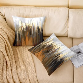 Homewish Set of 2 Abstract Art Pillow Covers Orange Gold Grey Throw Pillow Covers, Stripe Cushion Covers 20x20 Inch Golden Metallic Sequins Tie Dye Luxurious Modern Cushion Cases