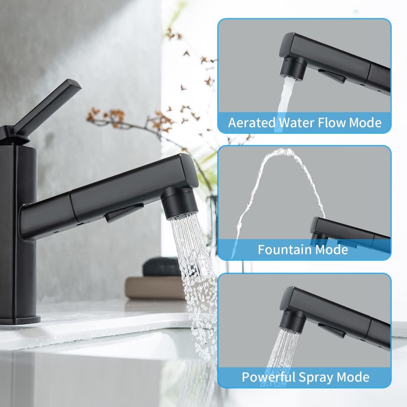HANLIAN Single Hole Pull Out Faucet for Bathroom Sink, Black