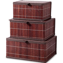 Honygebia Bamboo Decorative Storage Boxes - Set of 3 Woven Lined Storage Basket with Lids, Retro Brown Wicker Lidded Baskets for Home Kitchen Shelf Organizer Decor
