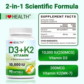 I LOVE HEALTH Vitamin K2 (MK7) with D3 10000 IU Supplement, 90 Softgels, Non-GMO, No Gluten