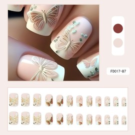 Pink White Embossed Butterfly Fake Nails Press On Nails Short Square,Glossy with Designs Full Cover Acrylic Glue on Nails Short Square Round False Nails Thick French Tip Stick on Nails for Women 24Pcs FD017-B7