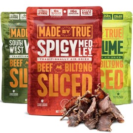 Made by True Beef Sliced Bites Spicy Variety (2 oz, Pack of 3) - All Natural, Zero-Sugar True Jerky Biltong - High Protein, Keto, Paleo & Whole30 Diet - Sugar-Free, Gluten-Free, Carb-Free