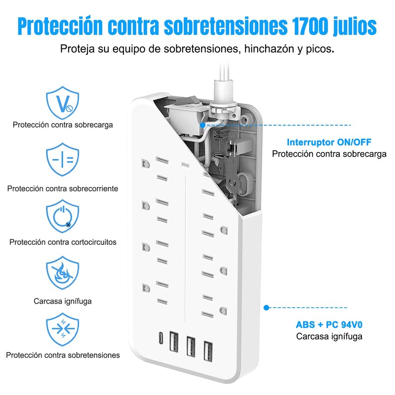 FANDBO 12 en 1 Regleta Multicontacto Extension USB, con 8