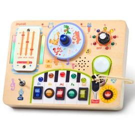 JoyCat Busy Board with Led Light, Toddler Toys for 1 2 3 4 Year Old Boys and Girls, Wooden Sensory Toys with Music, Travel Toys for Toddlers 1-3, Birthday Presents (Yellow)