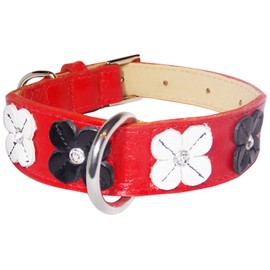 Flower Rivet Tapered Dog Collar, Red with Black and White Flowers