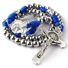 HanlinCC Large and Heavy Stainless Steel Beads Rugged Durable Paracord Rosary Necklace for Men with St.Michael Center Piece and St.Benedict Crucifix (Sapphire Paracord Rosary)