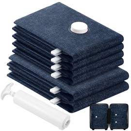 6 Pack Cloth Vacuum Storage Bags, Vacuum Seal Bags for Clothing with Hand Pump, 2 Large+4 Medium, 80% Space Saver Bags for Luggage, Comforters,Blankets, Home Travel Essentials(Demin)