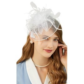 Cizoe Fascinators for Women with Feather Mesh Veil Headband Bridal Wedding Tea Party Cocktail Hat(A-White)